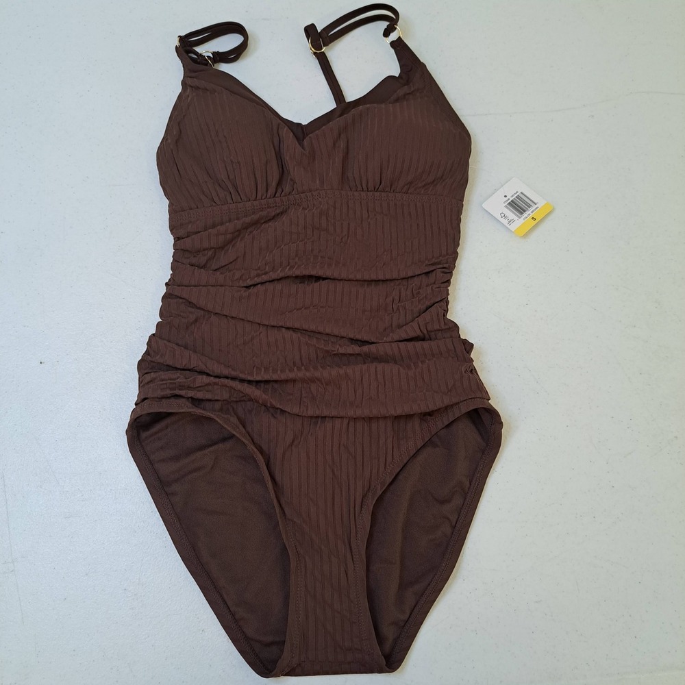 Ellen Tracy One Piece Swimsuit Womens S Brown NWT Ribbed Ruched 1559-266
